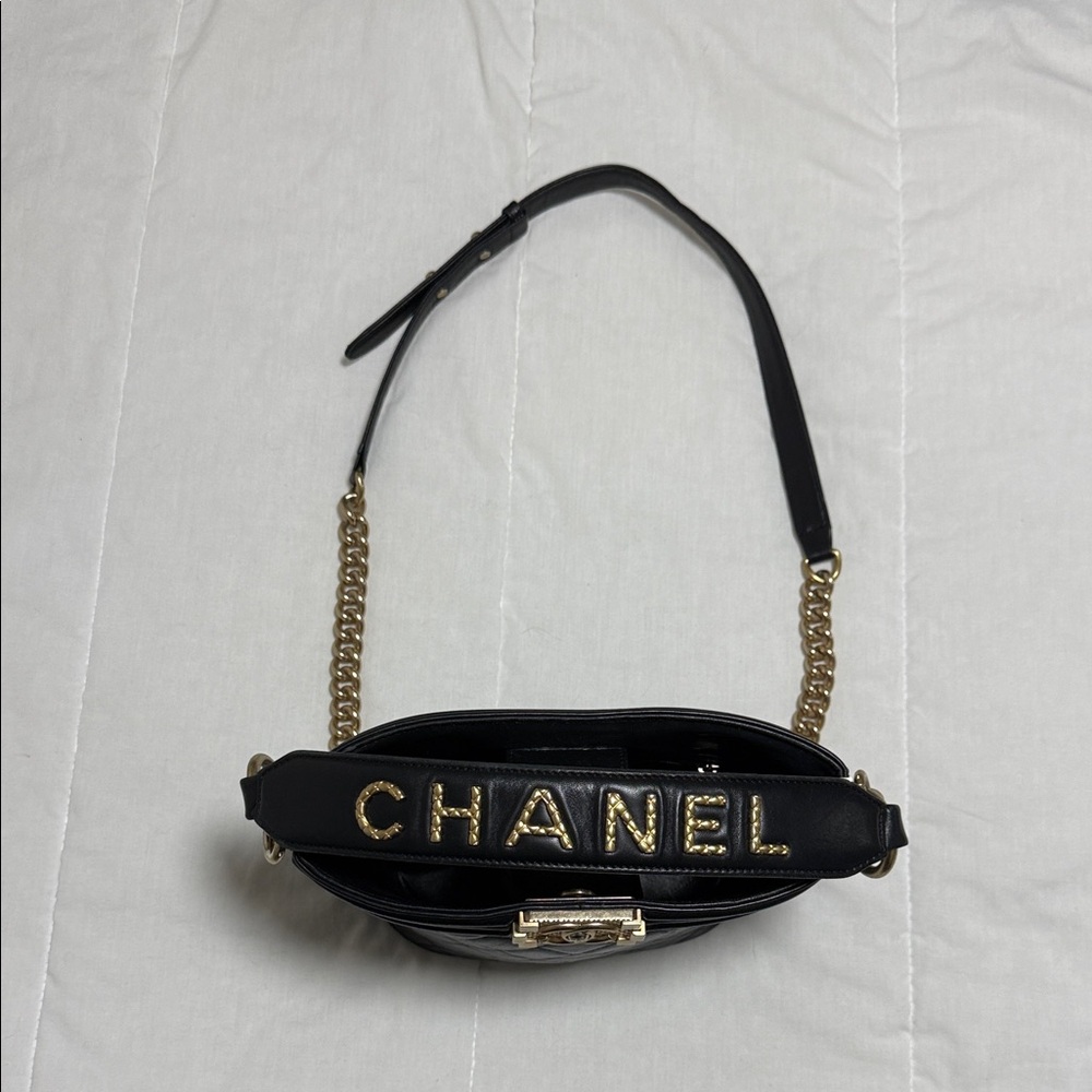 Authentic CHANEL Black Quilted Crossbody Bucket Bag with Gold Chain